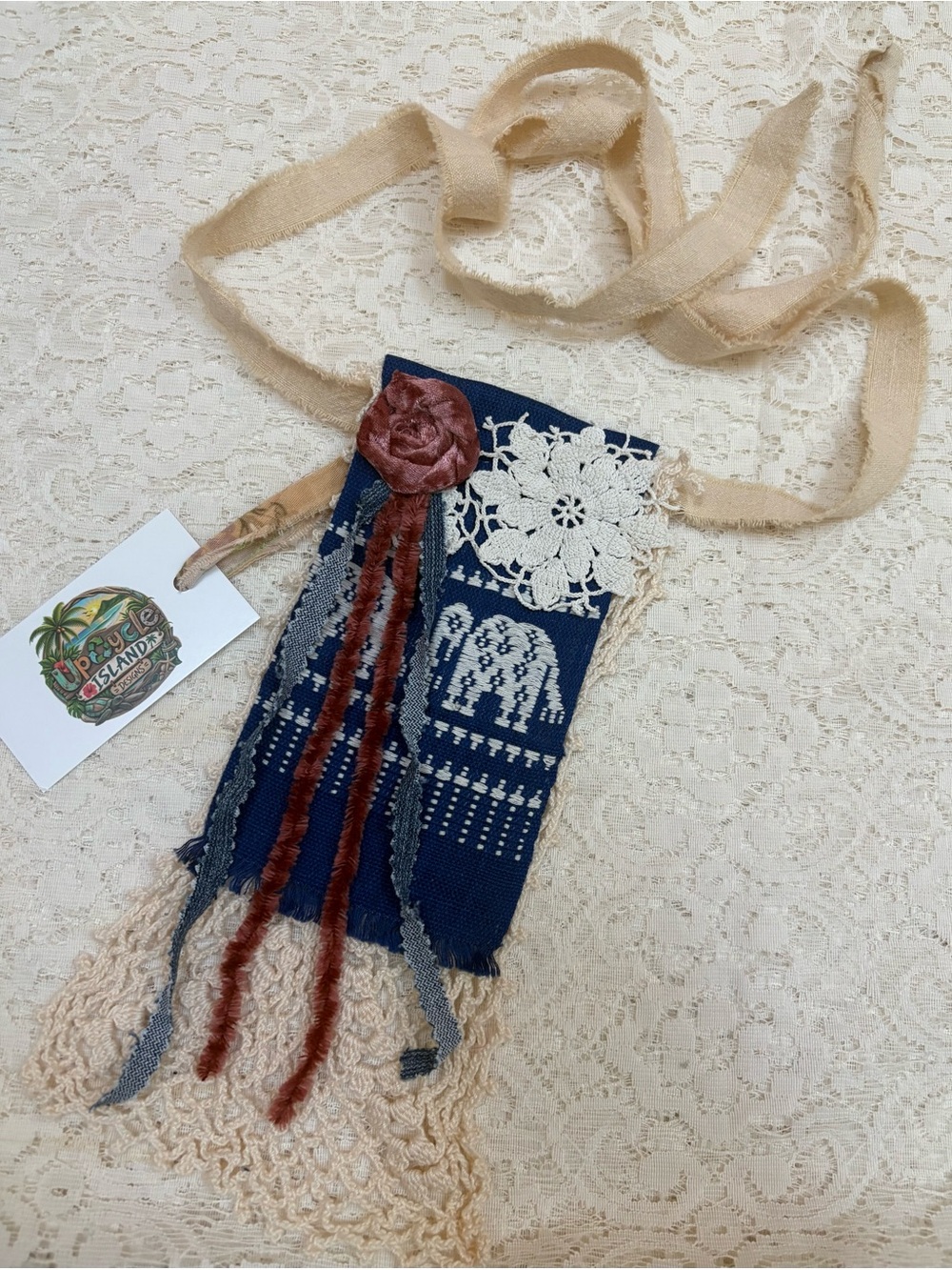 Handcrafted Embroidered Jabot Blue and Cream Necklace Collar